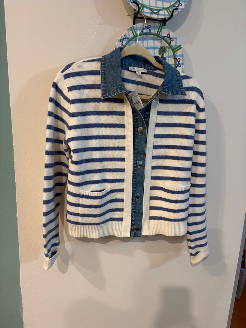 NWT ANN TAYLOR BLUE AND WHITE CARDIGAN WITH DENIM TRIM